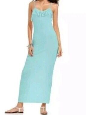 NWT Rebel Sky Fringe Blue Swim Cover Up Womans Maxi Dress Stretchy Summer  Sz S